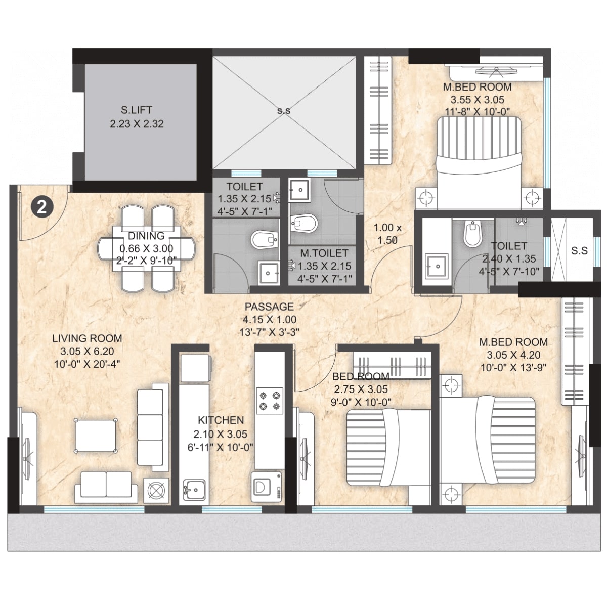 Paranjape-Athena-Floor-Plan-Wing-E-3-BHK-854-sqft